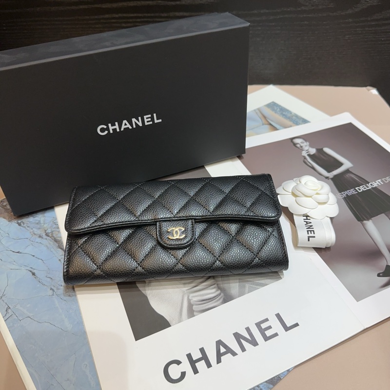 Chanel 黑荔枝牛皮金釦下蓋12卡長夾-0