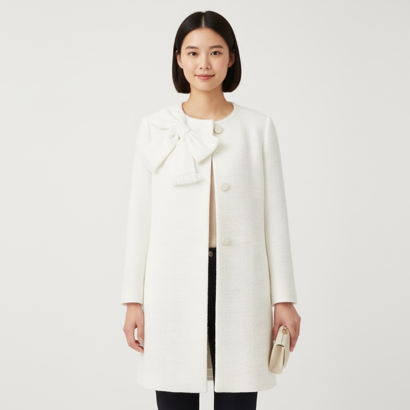 Kate Spade NJMU4835 經典立體蝴蝶結 100%純棉粗花呢大衣外套 珍珠白 小香風 US6號-0