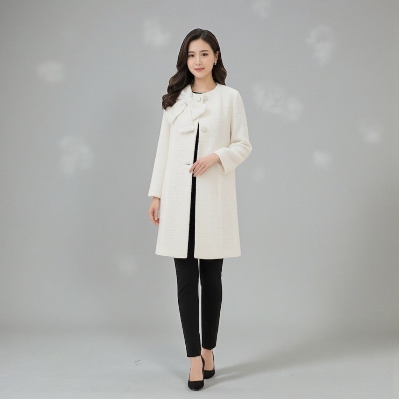 Kate Spade NJMU4835 經典立體蝴蝶結 100%純棉粗花呢大衣外套 珍珠白 小香風 US6號-5