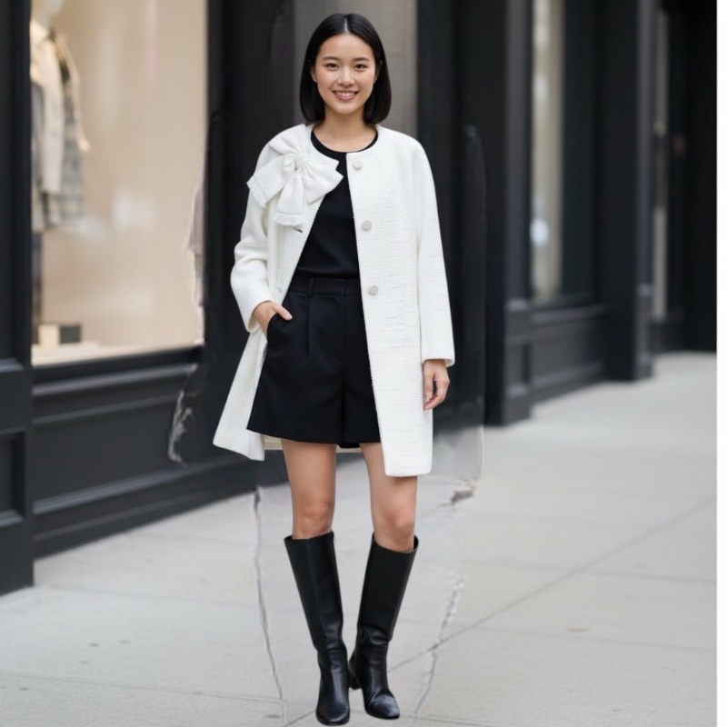 Kate Spade NJMU4835 經典立體蝴蝶結 100%純棉粗花呢大衣外套 珍珠白 小香風 US6號-6