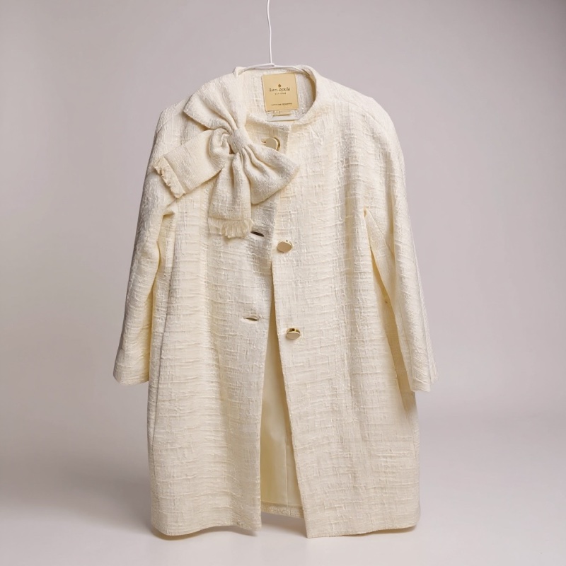 Kate Spade NJMU4835 經典立體蝴蝶結 100%純棉粗花呢大衣外套 珍珠白 小香風 US6號-8