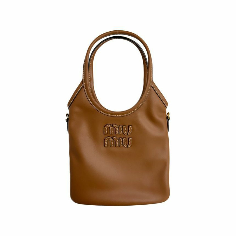 MIU MIU 26SS 標誌刺繡常春藤皮革手提包 干邑色 5BA281 2CRW F0046-0