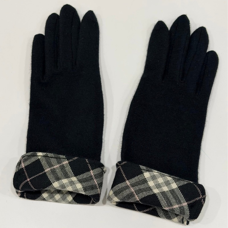 BURBERRY 藍標 戰馬扣羊毛格紋長版手套 黑色-1