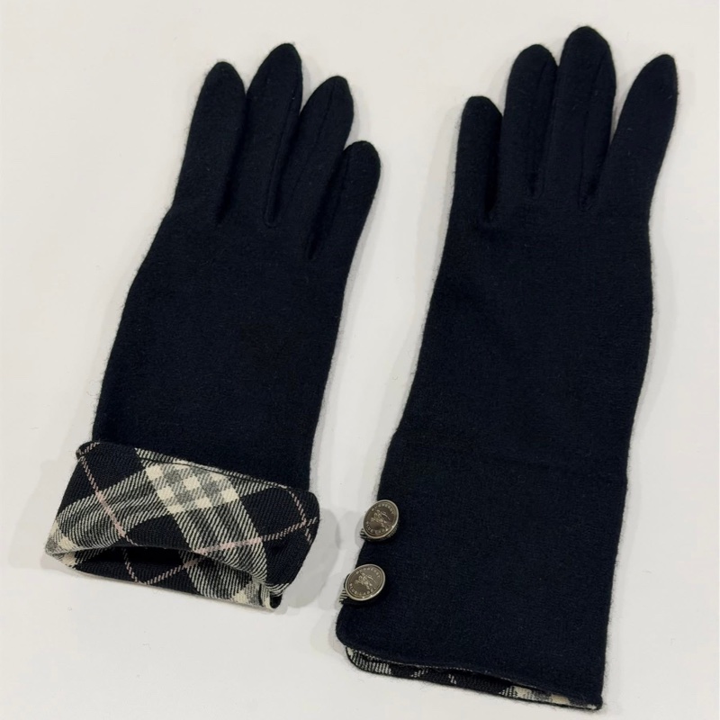 BURBERRY 藍標 戰馬扣羊毛格紋長版手套 黑色-3