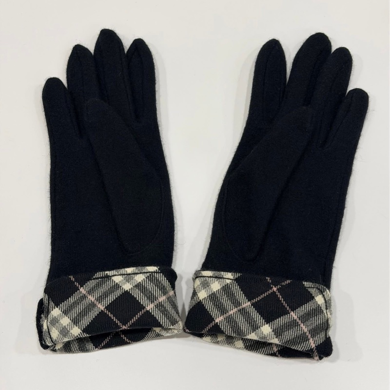 BURBERRY 藍標 戰馬扣羊毛格紋長版手套 黑色-4