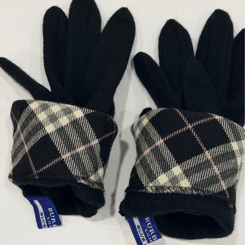 BURBERRY 藍標 戰馬扣羊毛格紋長版手套 黑色-5