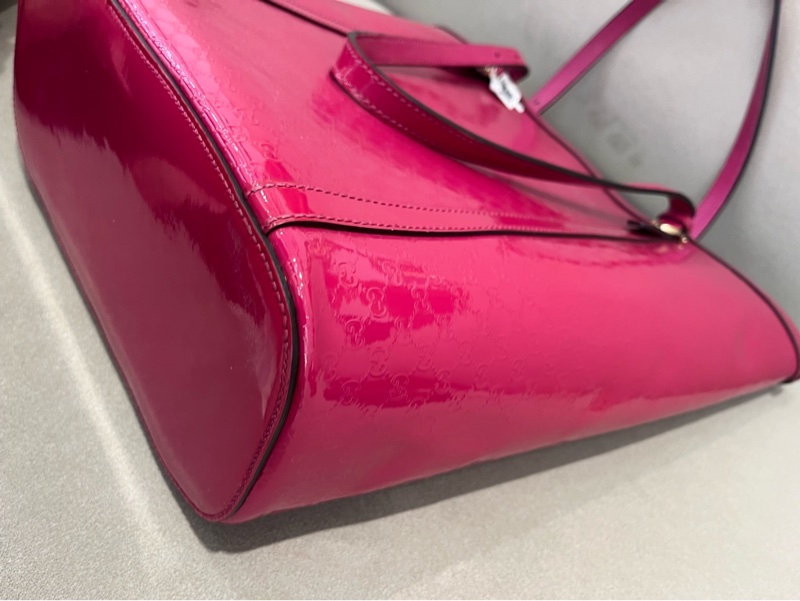 Gucci古馳水桶漆皮玫紅色牛皮手提包-3