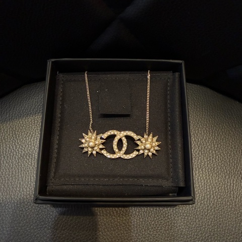 CHANEL淡金雙星星花珍珠項鍊