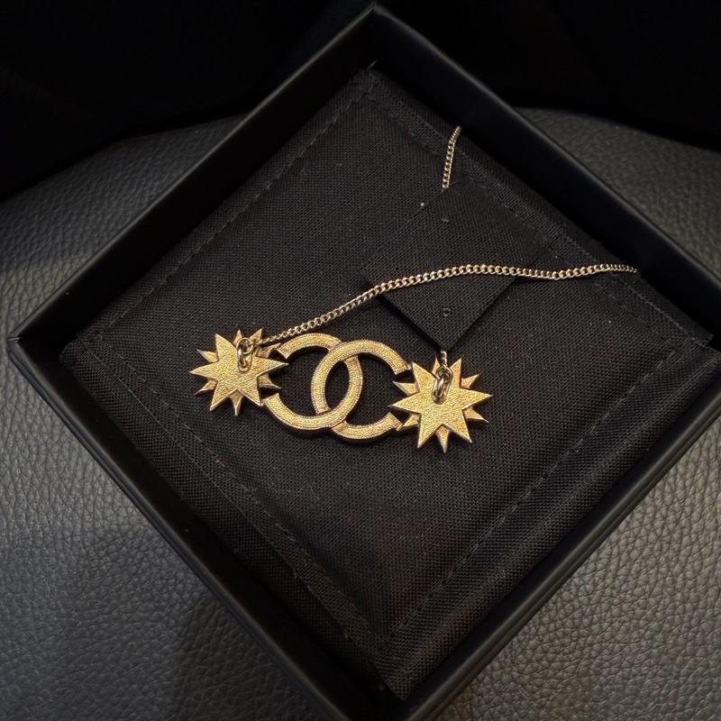 CHANEL淡金雙星星花珍珠項鍊-3