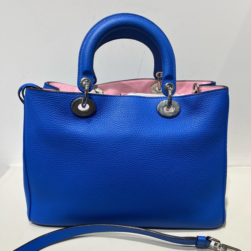 Dior迪奧Diorissimo中號藍色荔枝紋牛皮包 尺寸32x22x11-2