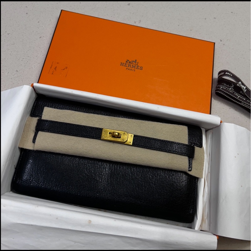 Hermes愛馬仕 黑色 金扣長夾Togo皮 Kelly Wallet-1