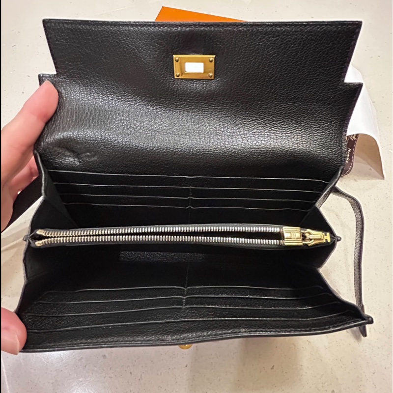 Hermes愛馬仕 黑色 金扣長夾Togo皮 Kelly Wallet-10