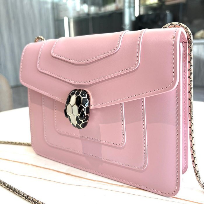 *SHIHNA名牌精品*BVLGARI Serpenti系列FOREVER牛皮琺瑯蛇頭掀蓋方包 (法國玫瑰色)-1