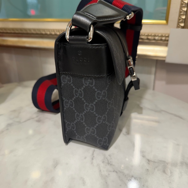 Gucci 黑灰PVC拼黑皮邊銀扣下蓋插釦式肩斜背包-3