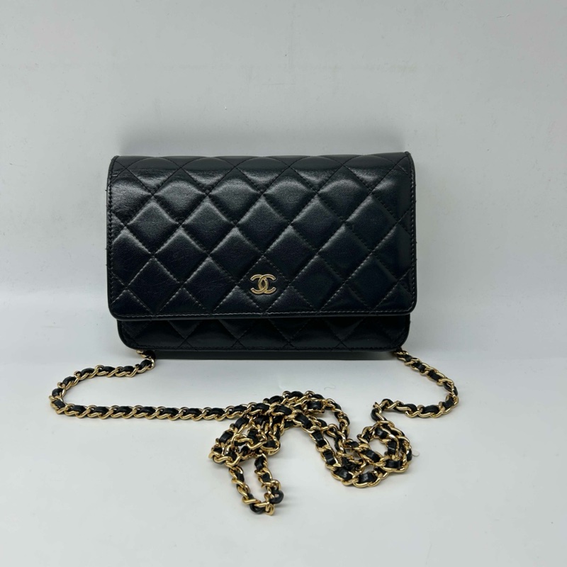 Chanel 香奈兒 WOC wallet on chain 黑色羊皮 金扣側背包 保證正品 24開-0