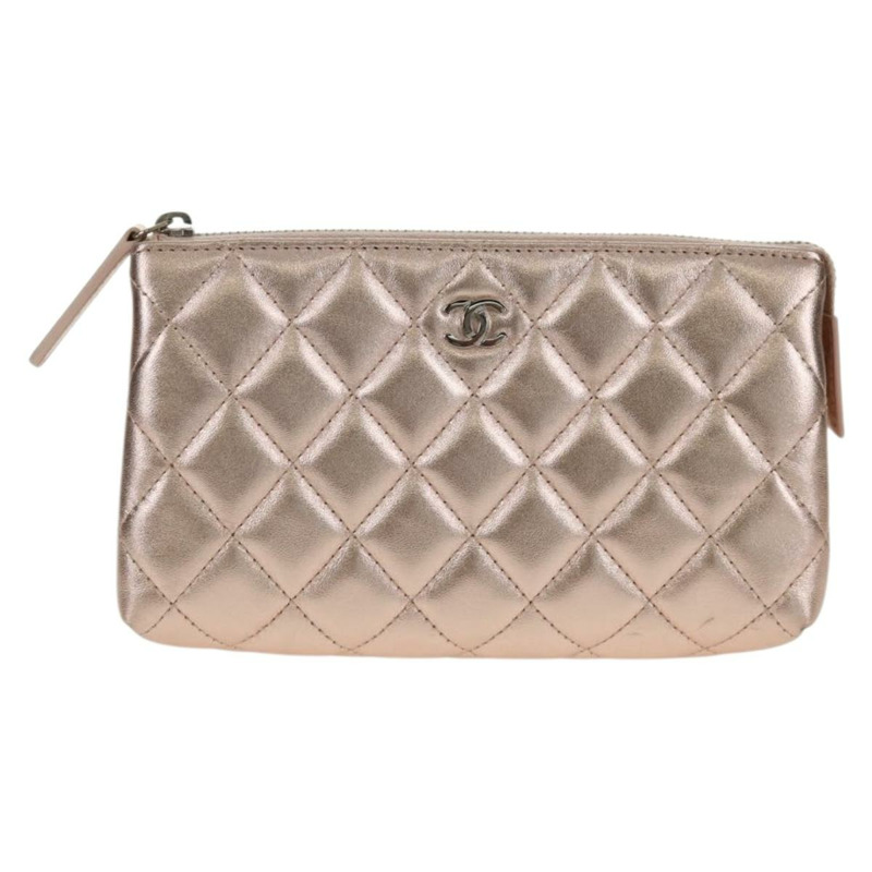 【日本直送】香奈兒 (CHANEL) 絎縫羊皮粉金雙C標誌手拿包 Auth 157936M-12