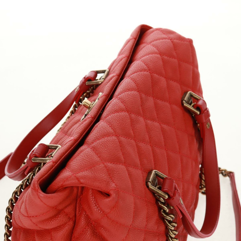 【日本直送】香奈兒鏈絎縫肩背包，魚子醬紋皮革，紅色，金色雙C標誌，正品編號159008V-5
