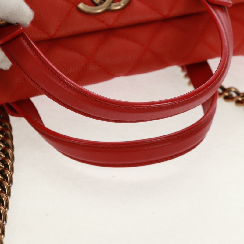 【日本直送】香奈兒鏈絎縫肩背包，魚子醬紋皮革，紅色，金色雙C標誌，正品編號159008V-6