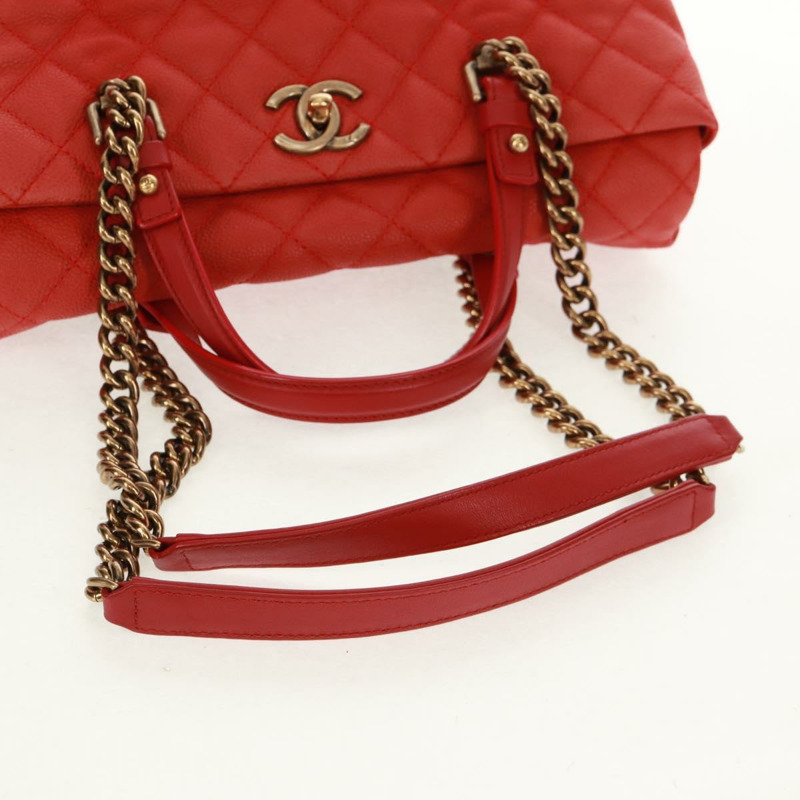 【日本直送】香奈兒鏈絎縫肩背包，魚子醬紋皮革，紅色，金色雙C標誌，正品編號159008V-7