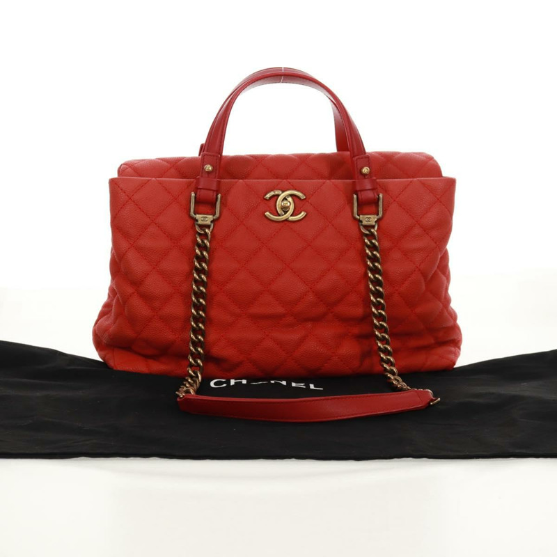 【日本直送】香奈兒鏈絎縫肩背包，魚子醬紋皮革，紅色，金色雙C標誌，正品編號159008V-11