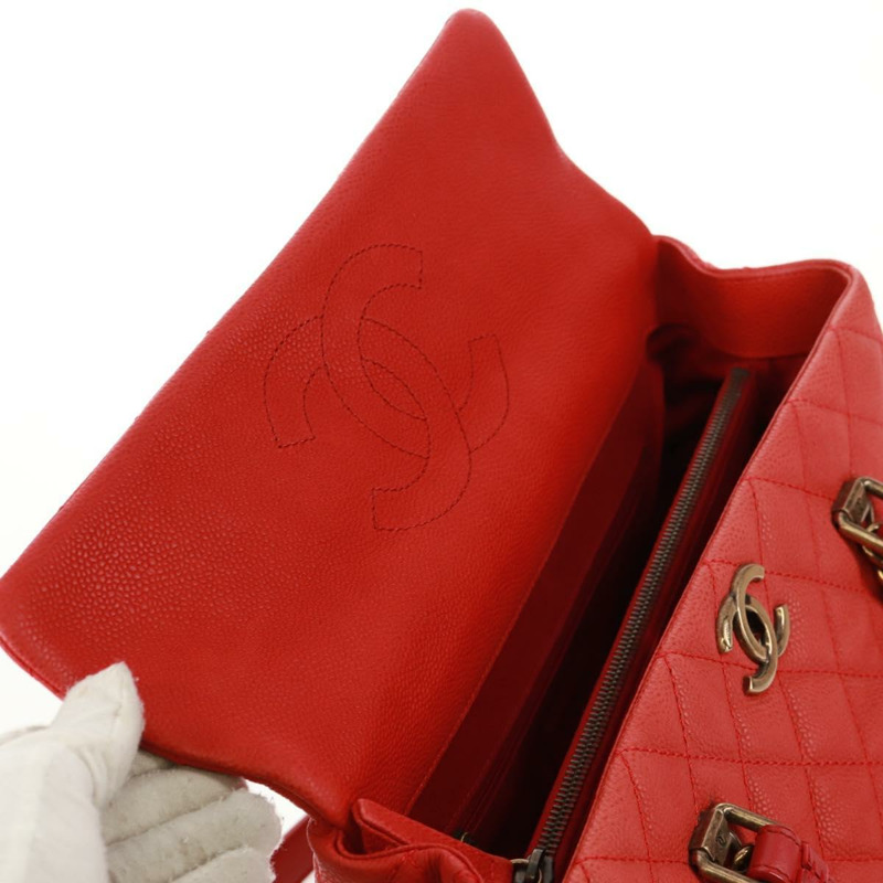 【日本直送】香奈兒鏈絎縫肩背包，魚子醬紋皮革，紅色，金色雙C標誌，正品編號159008V-20