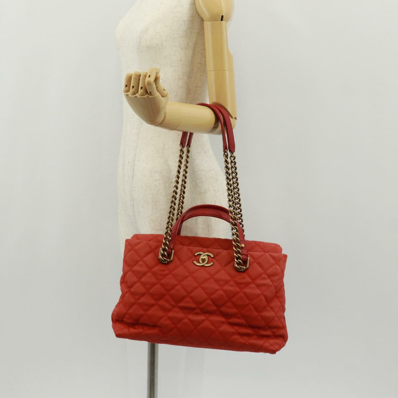 【日本直送】香奈兒鏈絎縫肩背包，魚子醬紋皮革，紅色，金色雙C標誌，正品編號159008V-29