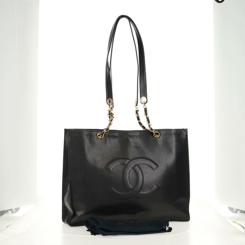 【日本直送】香奈兒 (CHANEL) 鏈條 COCO 標誌手提包,魚子醬紋皮革,黑色,金色雙C標誌,正品編號 160253V-11