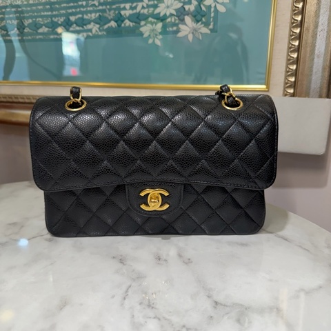 Chanel 黑荔枝牛皮菱格紋COCO23金釦雙層下蓋肩斜口蓋包A01113