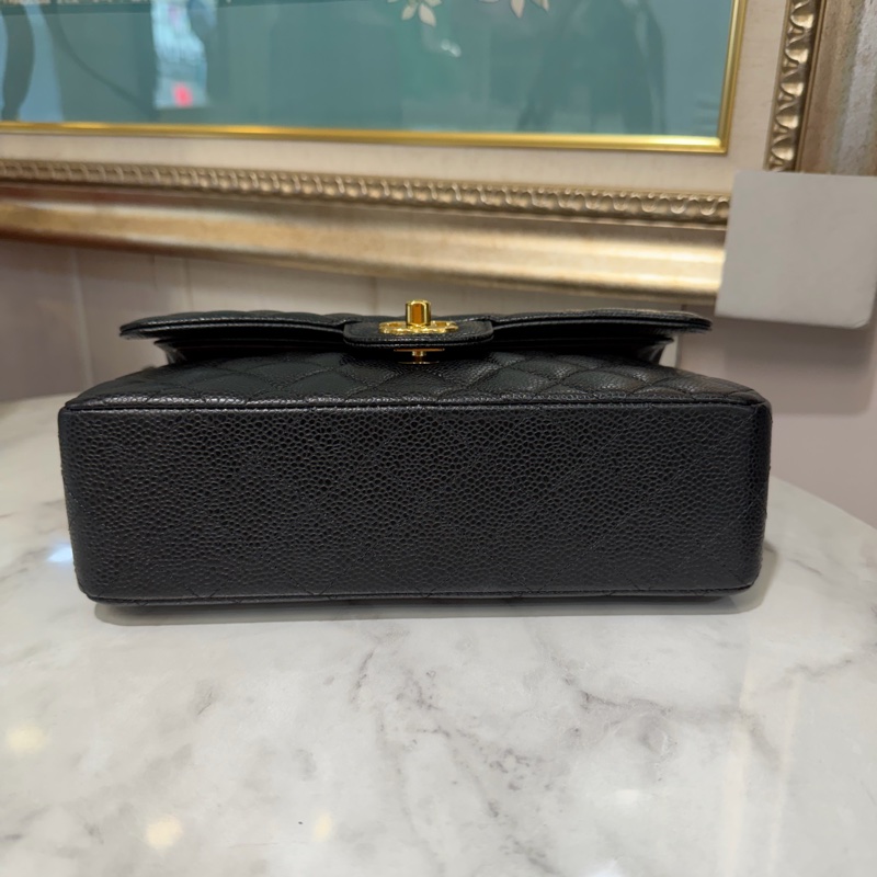 Chanel 黑荔枝牛皮菱格紋COCO23金釦雙層下蓋肩斜口蓋包A01113-2