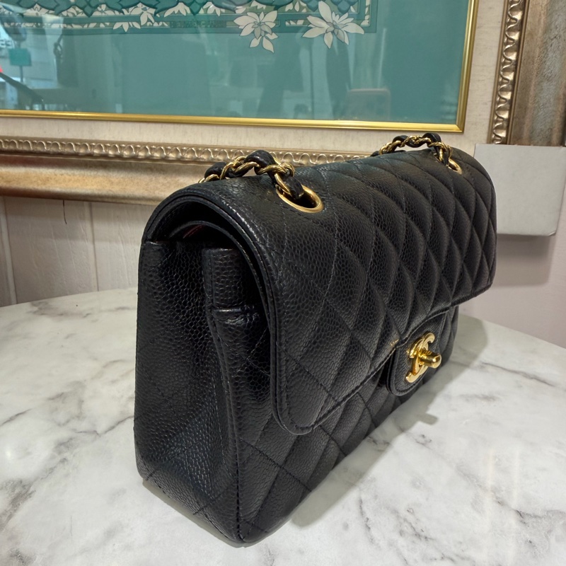 Chanel 黑荔枝牛皮菱格紋COCO23金釦雙層下蓋肩斜口蓋包A01113-4