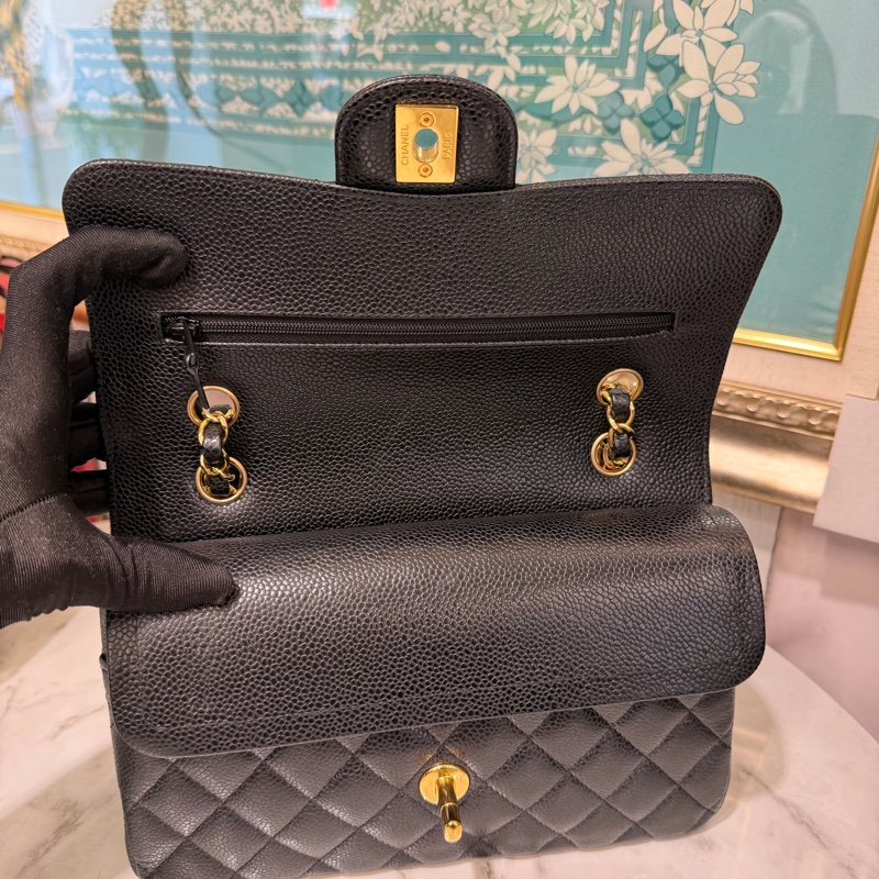 Chanel 黑荔枝牛皮菱格紋COCO23金釦雙層下蓋肩斜口蓋包A01113-5