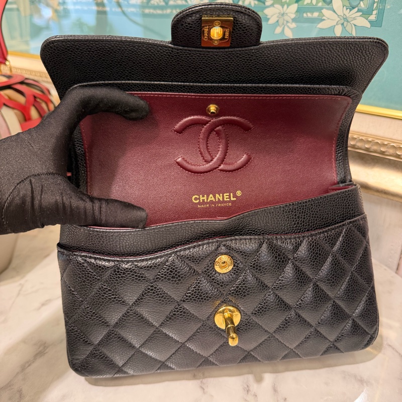 Chanel 黑荔枝牛皮菱格紋COCO23金釦雙層下蓋肩斜口蓋包A01113-6