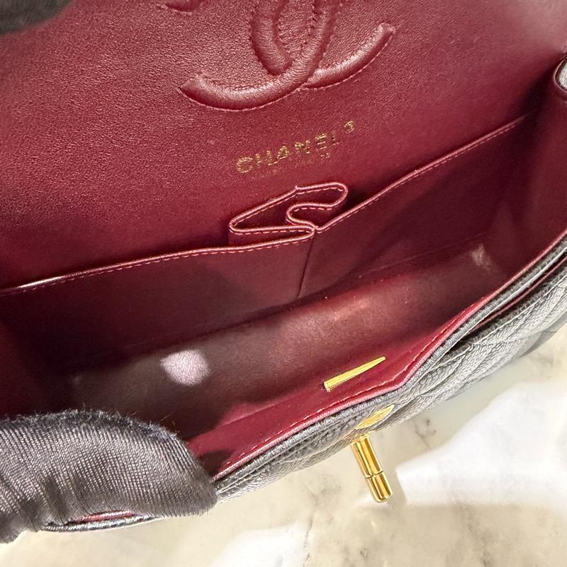 Chanel 黑荔枝牛皮菱格紋COCO23金釦雙層下蓋肩斜口蓋包A01113-7