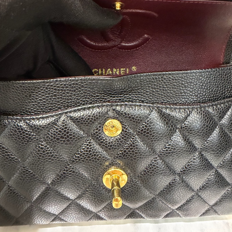 Chanel 黑荔枝牛皮菱格紋COCO23金釦雙層下蓋肩斜口蓋包A01113-8