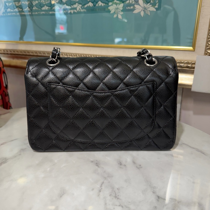 Chanel 黑荔枝牛皮菱格紋Coco23銀釦雙蓋肩斜口蓋包A01113-1