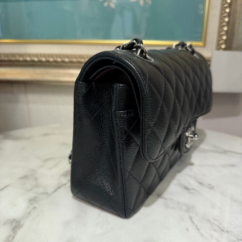 Chanel 黑荔枝牛皮菱格紋Coco23銀釦雙蓋肩斜口蓋包A01113-3