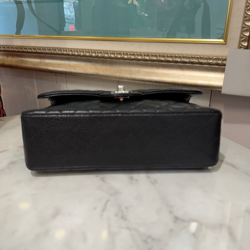 Chanel 黑荔枝牛皮菱格紋Coco23銀釦雙蓋肩斜口蓋包A01113-4