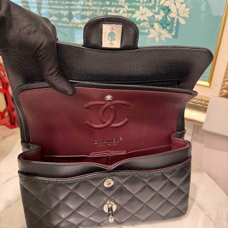 Chanel 黑荔枝牛皮菱格紋Coco23銀釦雙蓋肩斜口蓋包A01113-6