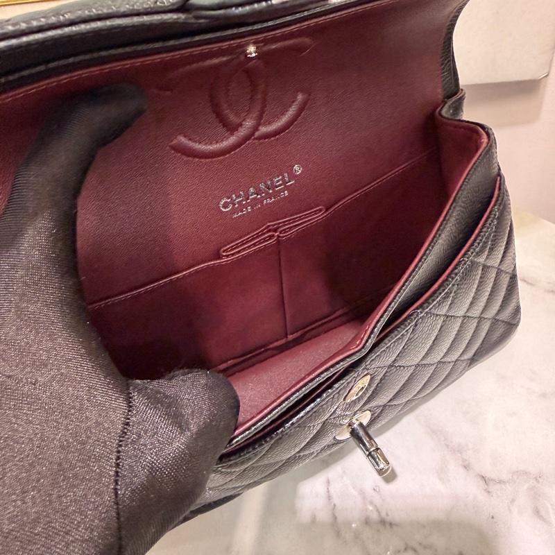 Chanel 黑荔枝牛皮菱格紋Coco23銀釦雙蓋肩斜口蓋包A01113-7