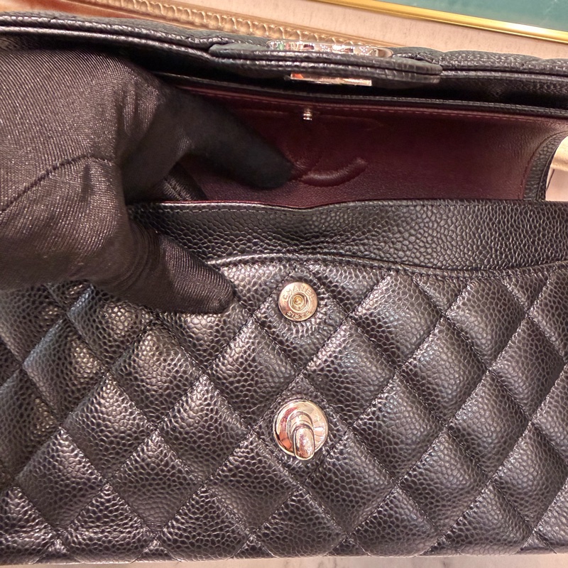 Chanel 黑荔枝牛皮菱格紋Coco23銀釦雙蓋肩斜口蓋包A01113-8