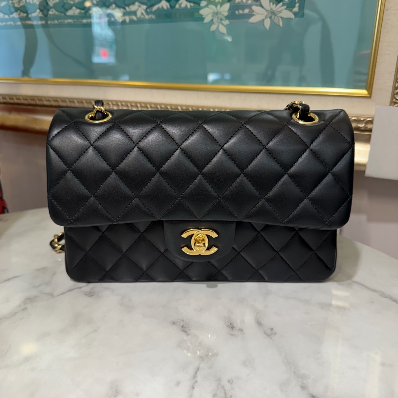 Chanel 黑羊皮菱格紋COCO23金釦雙層下蓋肩斜口蓋包A01113-0