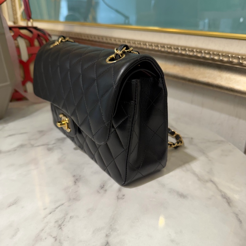 Chanel 黑羊皮菱格紋COCO23金釦雙層下蓋肩斜口蓋包A01113-3