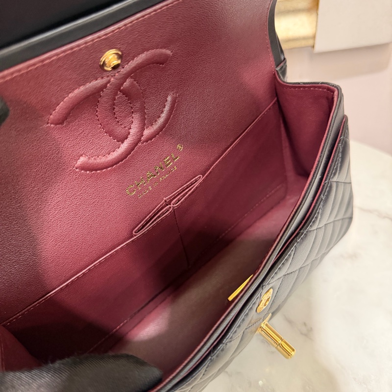 Chanel 黑羊皮菱格紋COCO23金釦雙層下蓋肩斜口蓋包A01113-6