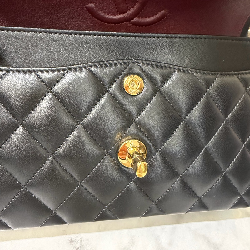 Chanel 黑羊皮菱格紋COCO23金釦雙層下蓋肩斜口蓋包A01113-7