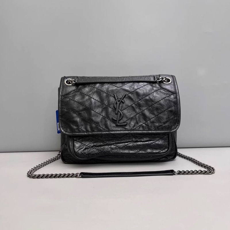 YSL聖羅蘭Niki中號黑色銀鏈全皮郵差包-0