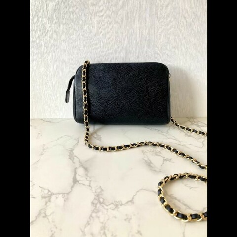 【LA LUNE】中古二手Chanel黑色魚子醬皮革側背包 斜背包 皮革包 單肩包 古董