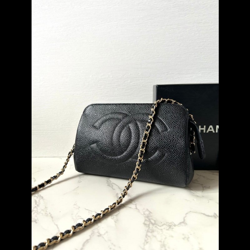 【LA LUNE】中古二手Chanel黑色魚子醬皮革側背包 斜背包 皮革包 單肩包 古董-0