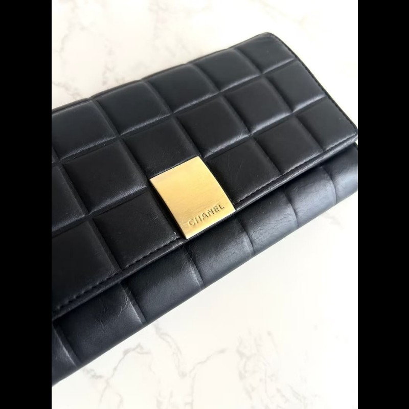 【LA LUNE】古董包 Chanel黑金冰格牛皮皮革長夾 錢包 皮夾 中古二手銀包-2