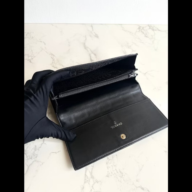 【LA LUNE】古董包 Chanel黑金冰格牛皮皮革長夾 錢包 皮夾 中古二手銀包-4