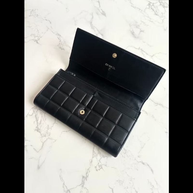 【LA LUNE】古董包 Chanel黑金冰格牛皮皮革長夾 錢包 皮夾 中古二手銀包-5